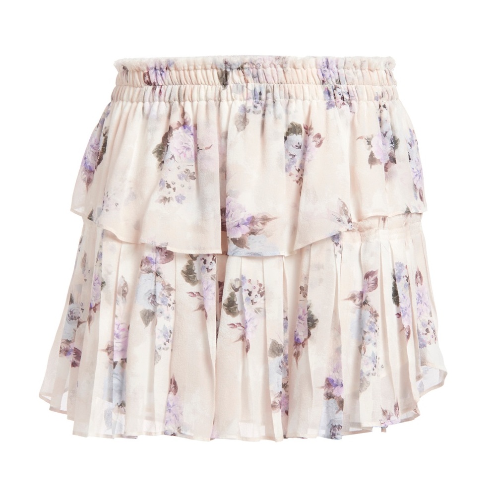 LoveShackFancy Floral Silk Ruffle Mini Skirt in Monaco Lilac